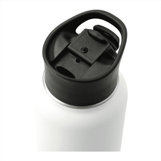 A drink bottle with a black cap and a white body, featuring a spout and an attached handle for easy carrying.
