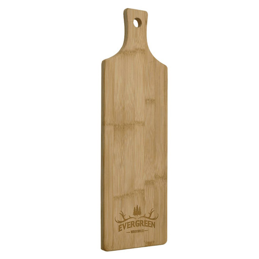 A bamboo serving board with a handle and a hole for hanging, featuring a logo on one side.