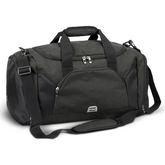 A dark green duffle bag with black accents, featuring multiple handles and a shoulder strap, with a logo.