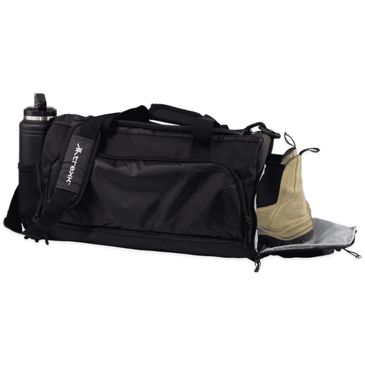 A black duffle bag with a drink bottle, footwear, and a spacious interior compartment. Features a logo.