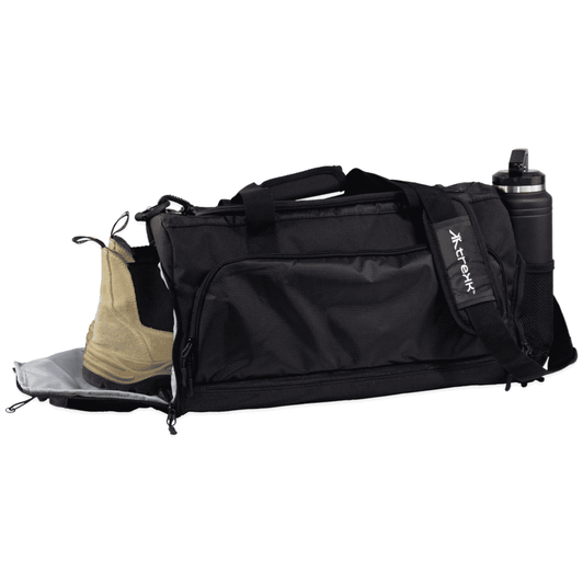 A black duffle bag with a side compartment for shoes and a drink bottle holder.