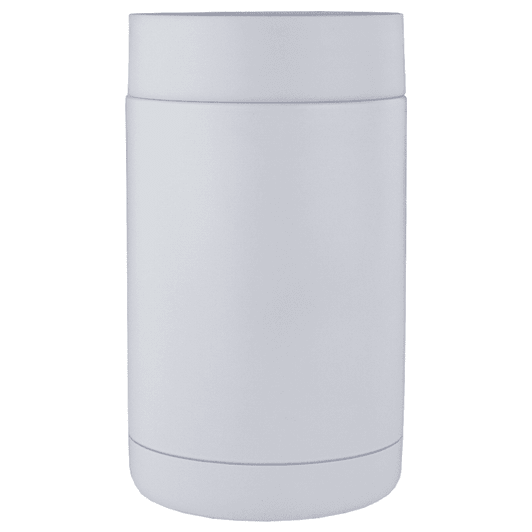 A drink bottle holder in white, designed to keep beverages cold, featuring a simple cylindrical shape and a logo.