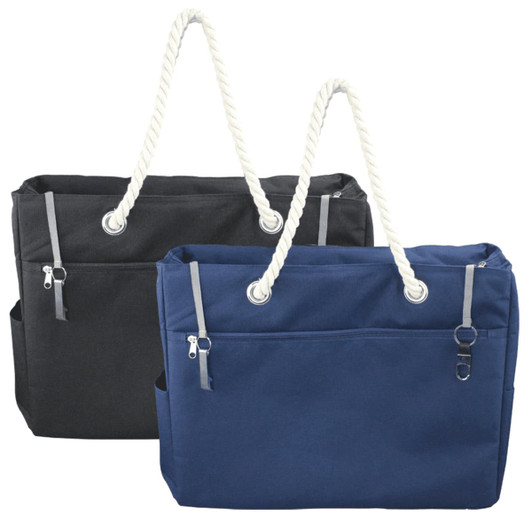 A waterproof beach bag featuring a navy blue and black design with rope handles and zippered pockets.