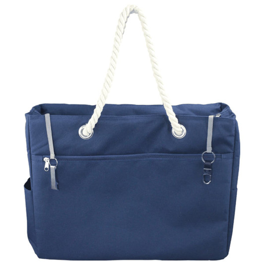 A navy waterproof beach bag with a rope handle, featuring multiple zippered pockets and a logo.