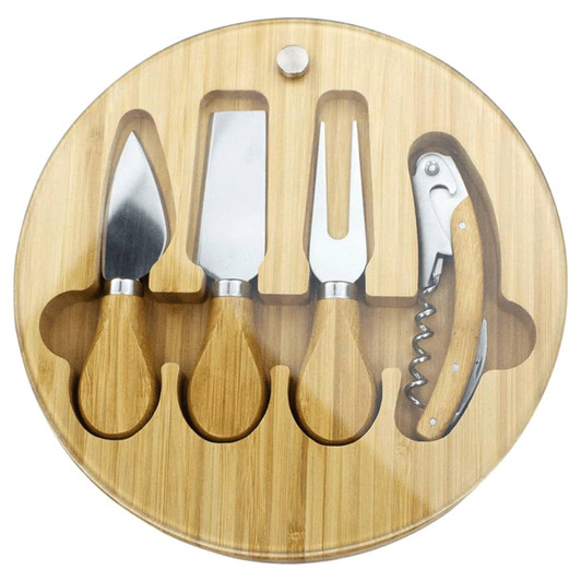 A round bamboo cheese board set featuring four stainless steel cheese knives with wooden handles. Includes a corkscrew.