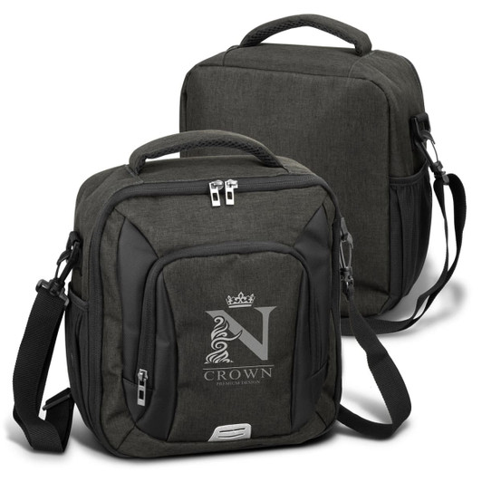 A dark green cooler bag with a logo, featuring two handles and an adjustable shoulder strap.