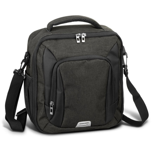 A green cooler bag featuring a zippered main compartment, front pocket, and adjustable shoulder strap. It has a logo.