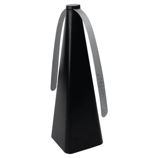 A black triangular fan with silver blades and a logo on the base, designed for outdoor use.