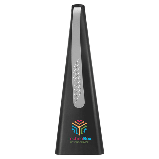A black, triangular insect repellent fan featuring a silver accent and a multicoloured logo.