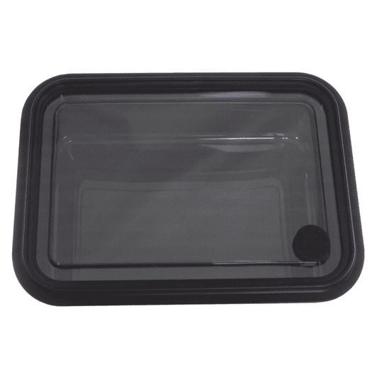 A reusable container in clear with a black lid, designed for storage. It features a logo on the side.