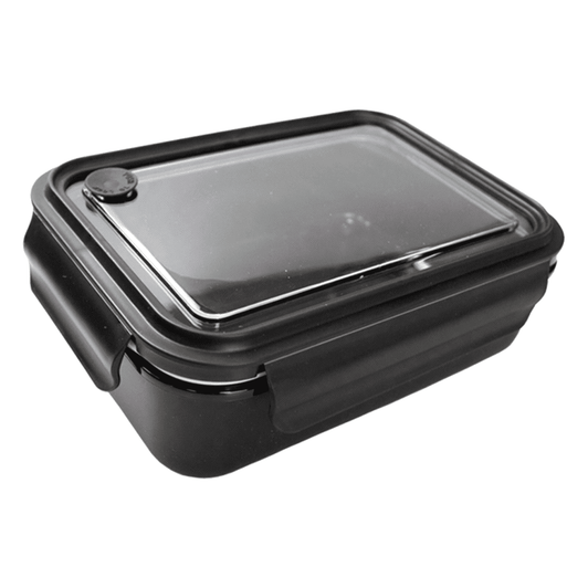 A black reusable container with a transparent lid, featuring a secure clasp mechanism. Ideal for food storage.