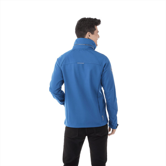 A blue Peyto Softshell Jacket for men, featuring a high collar and a logo on the back.