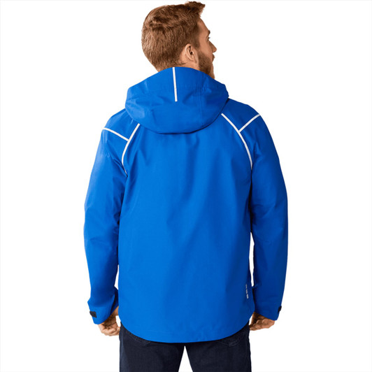 A blue men's softshell jacket with a hood, featuring white accent lines and a logo.