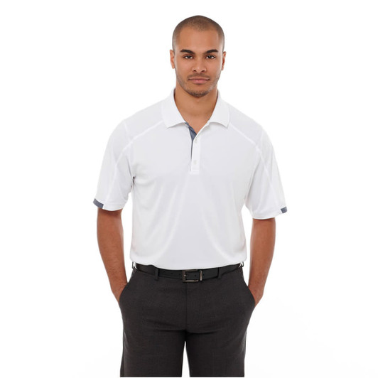 A short sleeve men's polo shirt in white with contrasting details, featuring a collar and branding.
