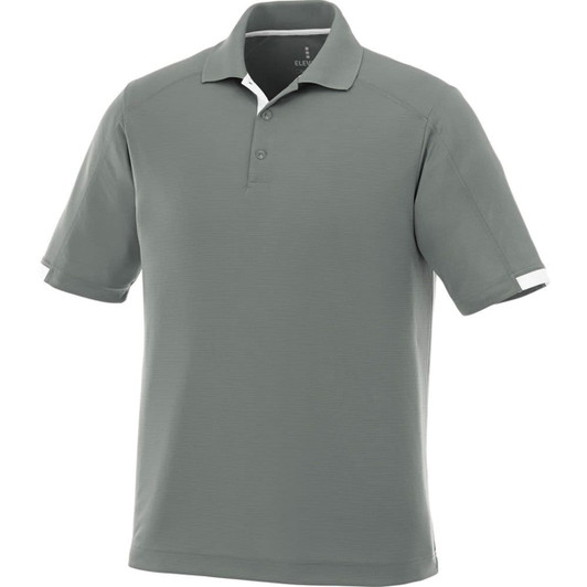 A men's short sleeve polo shirt in a muted green colour with contrasting white details and a logo.