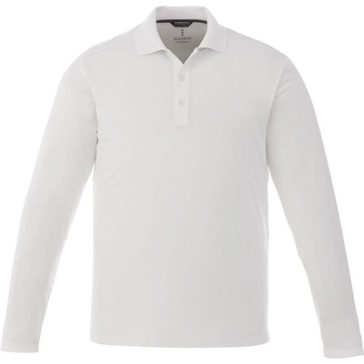 A long sleeve white polo shirt for men, featuring a collar and a placket with buttons, along with a logo.
