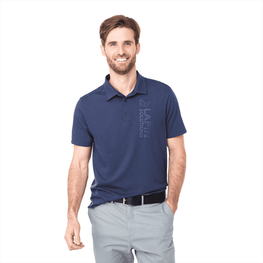 A navy polo shirt for men featuring a logo, with short sleeves and a classic collar design.