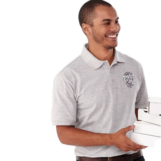 A grey short sleeve polo shirt for men, featuring a logo, worn by a smiling man carrying boxes.