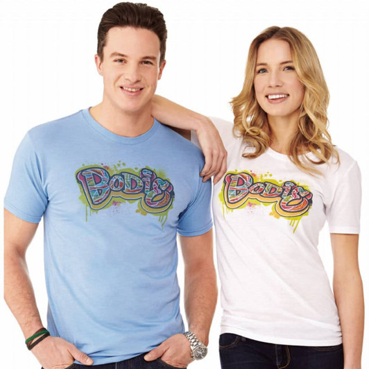 Two models wearing Bodie Short Sleeve Tees, one in light blue and the other in white, both featuring a colourful graphic design.