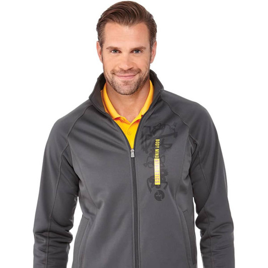 A men's grey knit jacket featuring a zipped front and a logo on the side.
