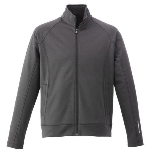 A grey men's knit jacket with a zippered front and side pockets, featuring a logo on the front.