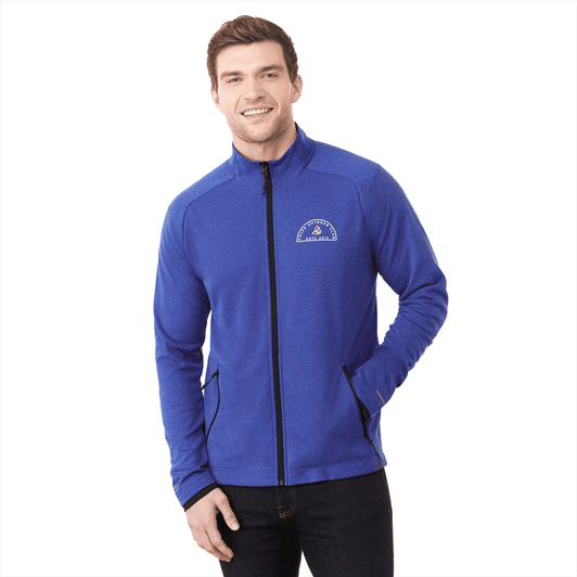 A blue eco-friendly knit jacket for men, featuring a zip front and side pockets, with a logo on the chest.