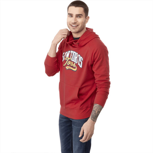 A red fleece hoody featuring a logo, with a kangaroo pocket and a comfortable fit for men.