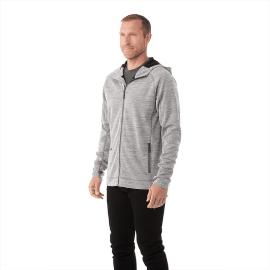 A men's zip-up hoodie in grey with a hood and side pockets, featuring a logo.