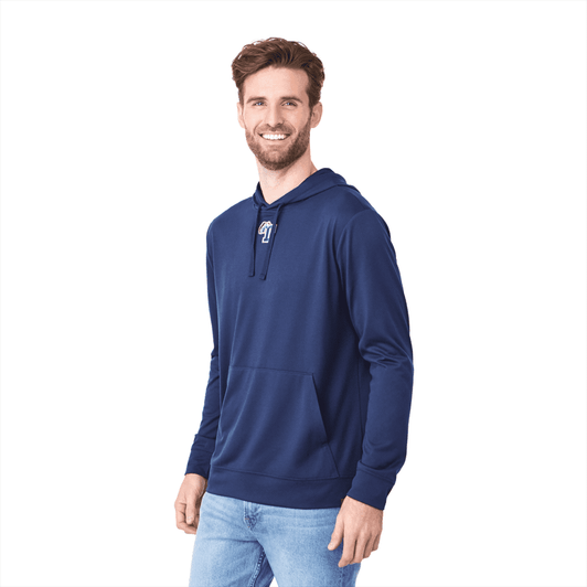A navy blue men's hoodie featuring a front pocket and a hood, with a branding logo on the chest.