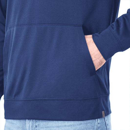 A men's navy eco knit hoody featuring a front pocket and a subtle logo, part of the jumpers category.