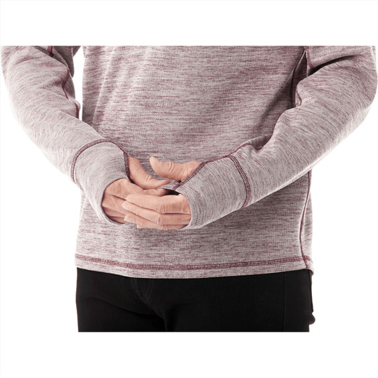 A close-up of a men's knitted half zip jumper in maroon and grey, featuring thumbholes in the cuffs.