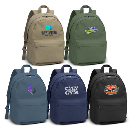 Five canvas backpacks in various colours: beige, green, teal, navy, and black. Each features a logo or branding.