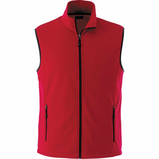 A bright red polyfleece vest with a zip front and two side pockets. The vest features a black trim and logo.