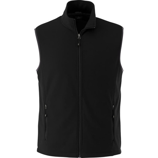 A black men's polyfleece vest featuring a zip front and two side pockets, with a logo on the chest.