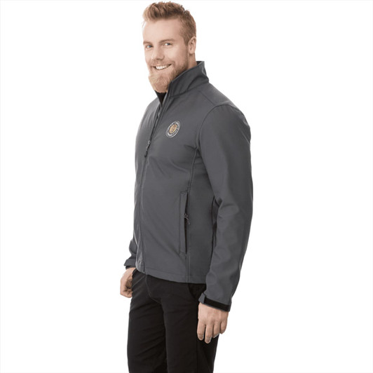 A men's softshell jacket in grey with a stand-up collar and a logo, featuring side pockets.
