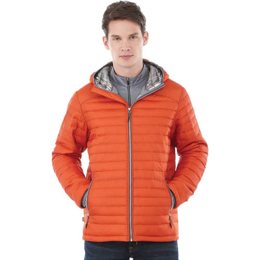 An orange puffer jacket with a hood featuring a grey inner lining and side pockets, displayed on a model.