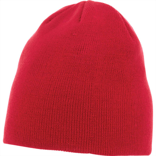 A red unisex knit beanie with a simple design and a logo on the side.