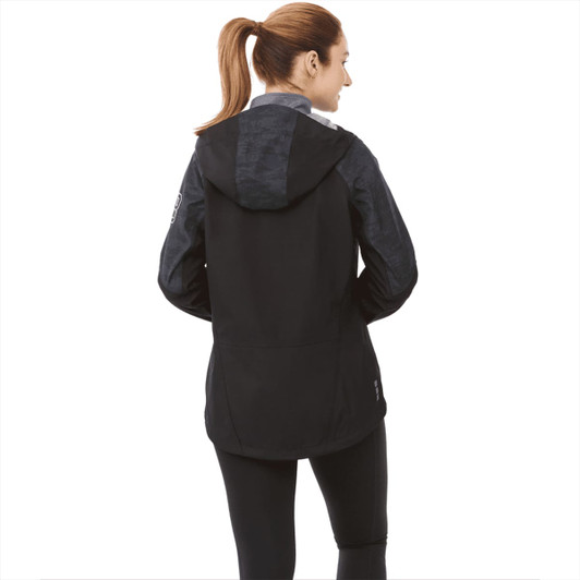 A women's softshell jacket in black with a grey patterned hood and sleeves, featuring a logo.