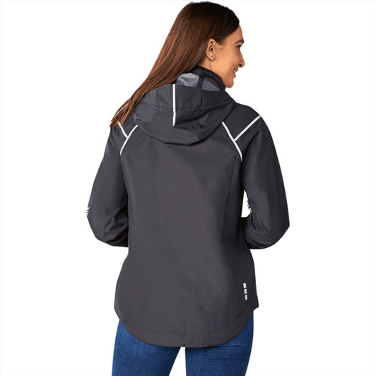 A women's softshell jacket in black, featuring a hood and reflective detailing on the back.