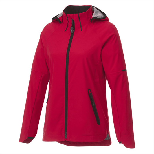 A red women's softshell jacket featuring a zip front, hood, and pockets, with a logo on one sleeve.