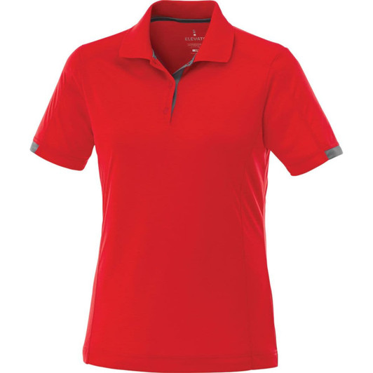 A red short sleeve polo shirt for women with a subtle logo on the chest and grey accents.