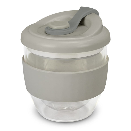 A drink bottle with a transparent base and a grey lid and band, featuring a secure closure and a sleek design.