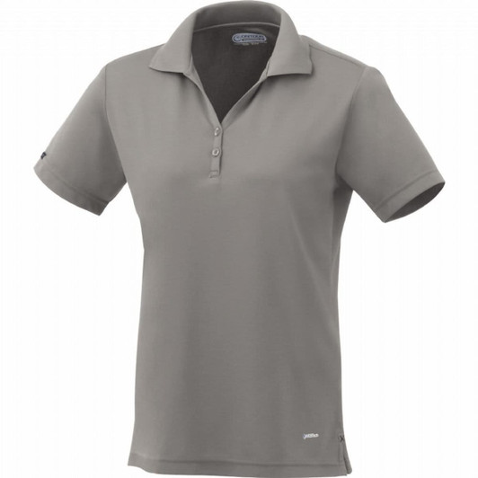 A women's short sleeve polo in grey, featuring a collar and three-button placket, with a logo on the sleeve.