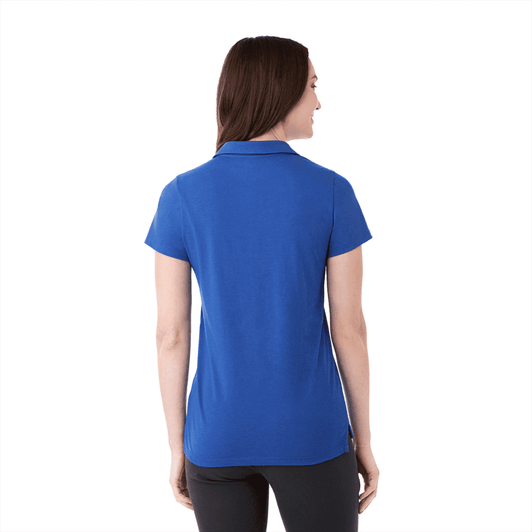 A women's short sleeve polo in bright blue, featuring a collar and a logo on the back.