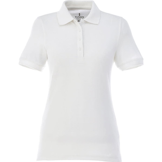 A short sleeve women's polo shirt in white with a collar and button placket, featuring a logo.