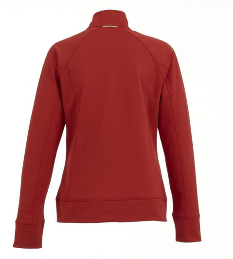A red women's knit jacket with a high collar and long sleeves, featuring a logo on the back.