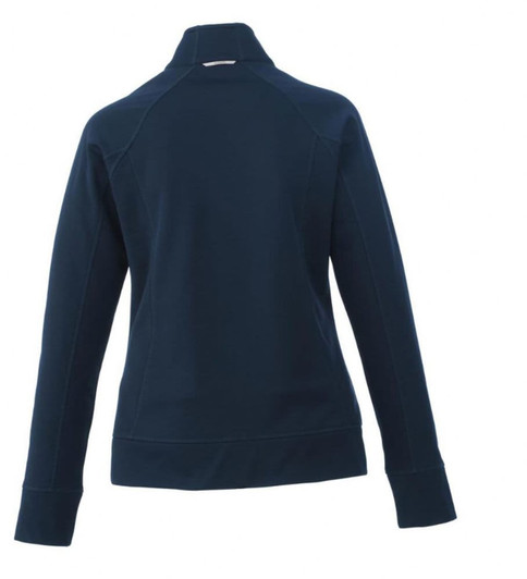 A women's knit jacket in navy blue with a high collar and long sleeves. It has a logo on the back.