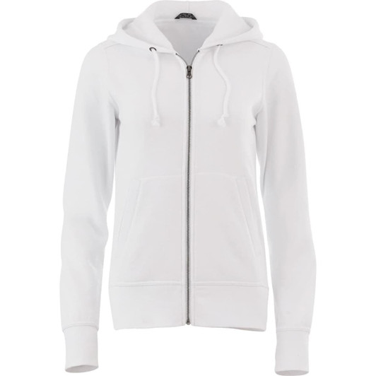A white women's zip-up hoodie with a front pocket and a hood, featuring a logo on the chest.