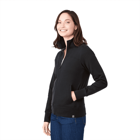 A women's black polar fleece full zip jacket with a high collar and a logo on the side.