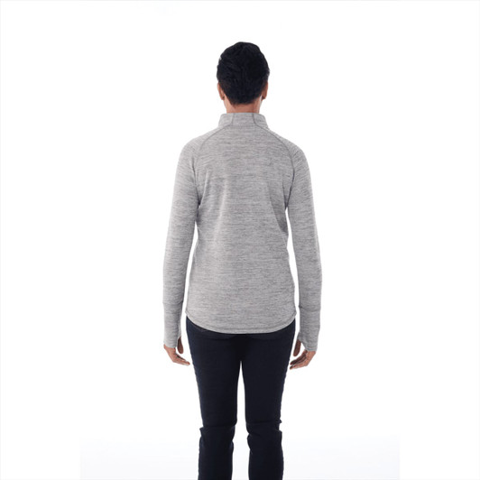 A grey knitted half zip jumper for women, featuring long sleeves and a subtle textured finish.